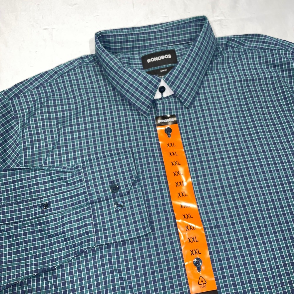 Bonobos Slim Fit‎ Men XXL Teal Navy Plaid Long Sleeve Button Down Shirt NEW